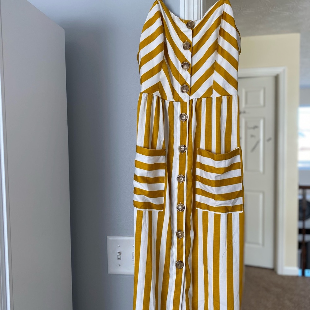 strapless yellow striped dress